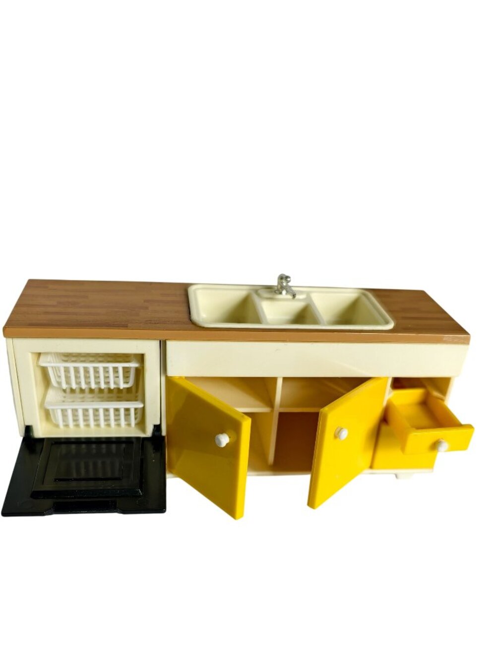 Vtg Tomy Dollhouse Kitchen Sink Dishwasher Yellow Cabinets Woodgrain Countertop